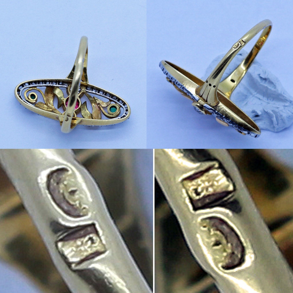 Antique Art Nouveau Ring 18k Gold Platinum Diamonds Ruby Emeralds French (6613)