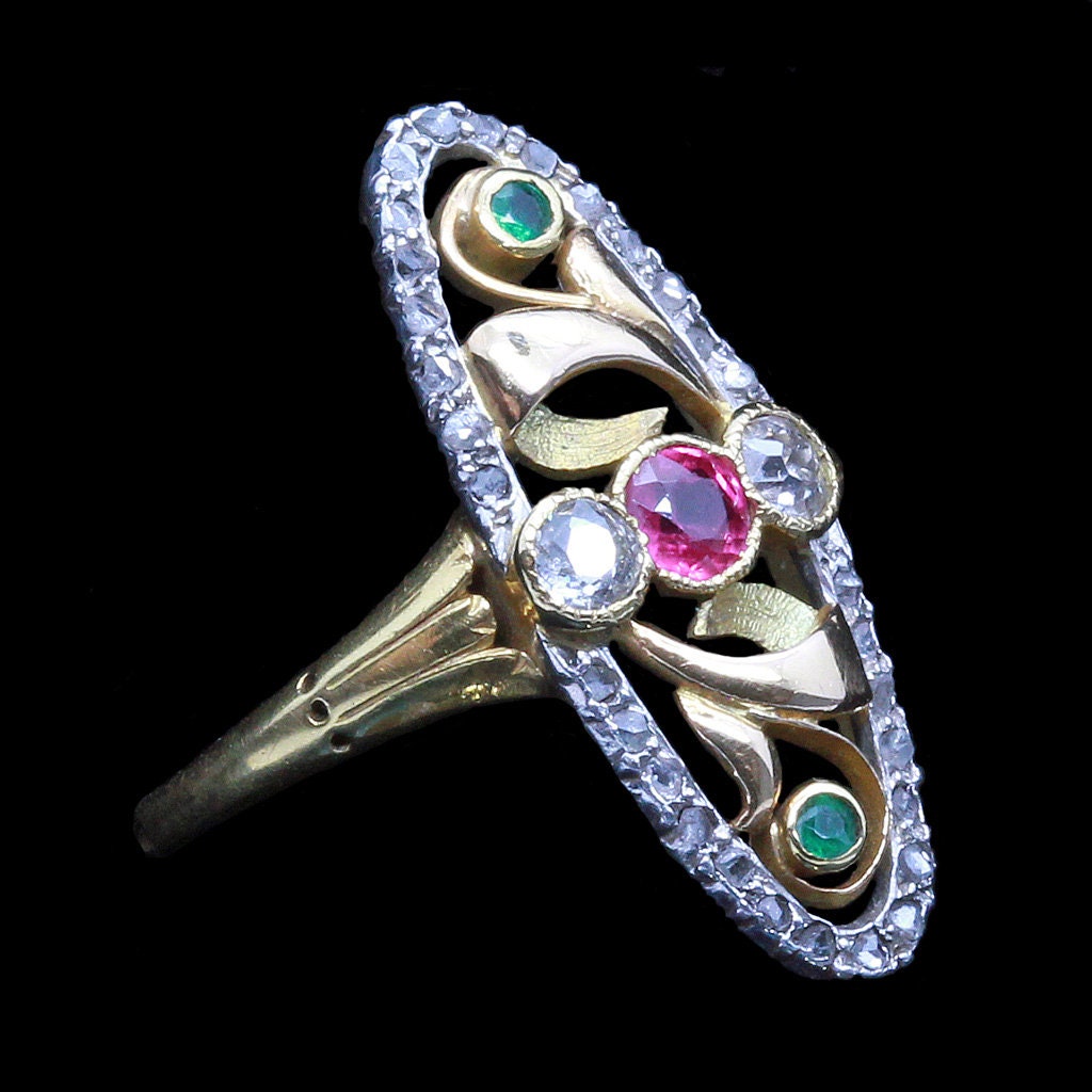 Antique Art Nouveau Ring 18k Gold Platinum Diamonds Ruby Emeralds French (6613)