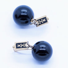 Victorian Mourning Earrings 14k Gold Onyx Enamel Ball Ear Pendants c1870 (6614)