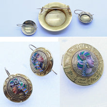 Antique Egyptian Revival Earrings Brooch Set 18k Gold Diamond Ruby Enamel (6616)