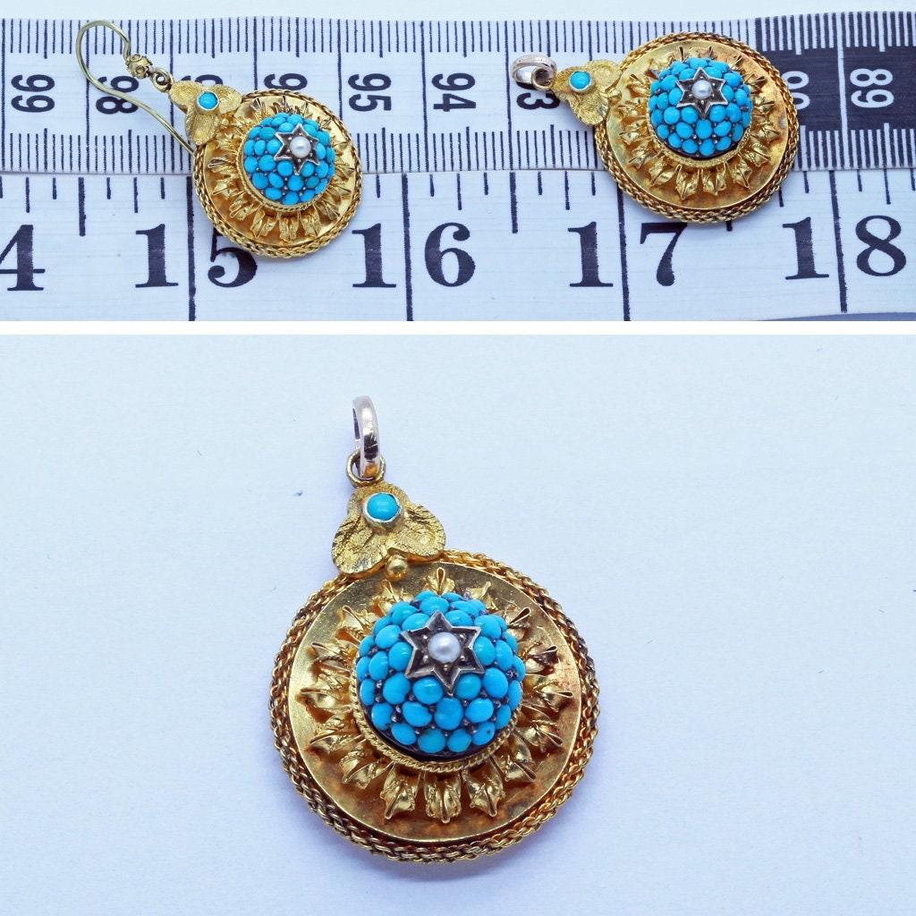 Victorian Earrings Pendant Jewelry Set 15ct Gold Turquoise Pearls Antique (6619)