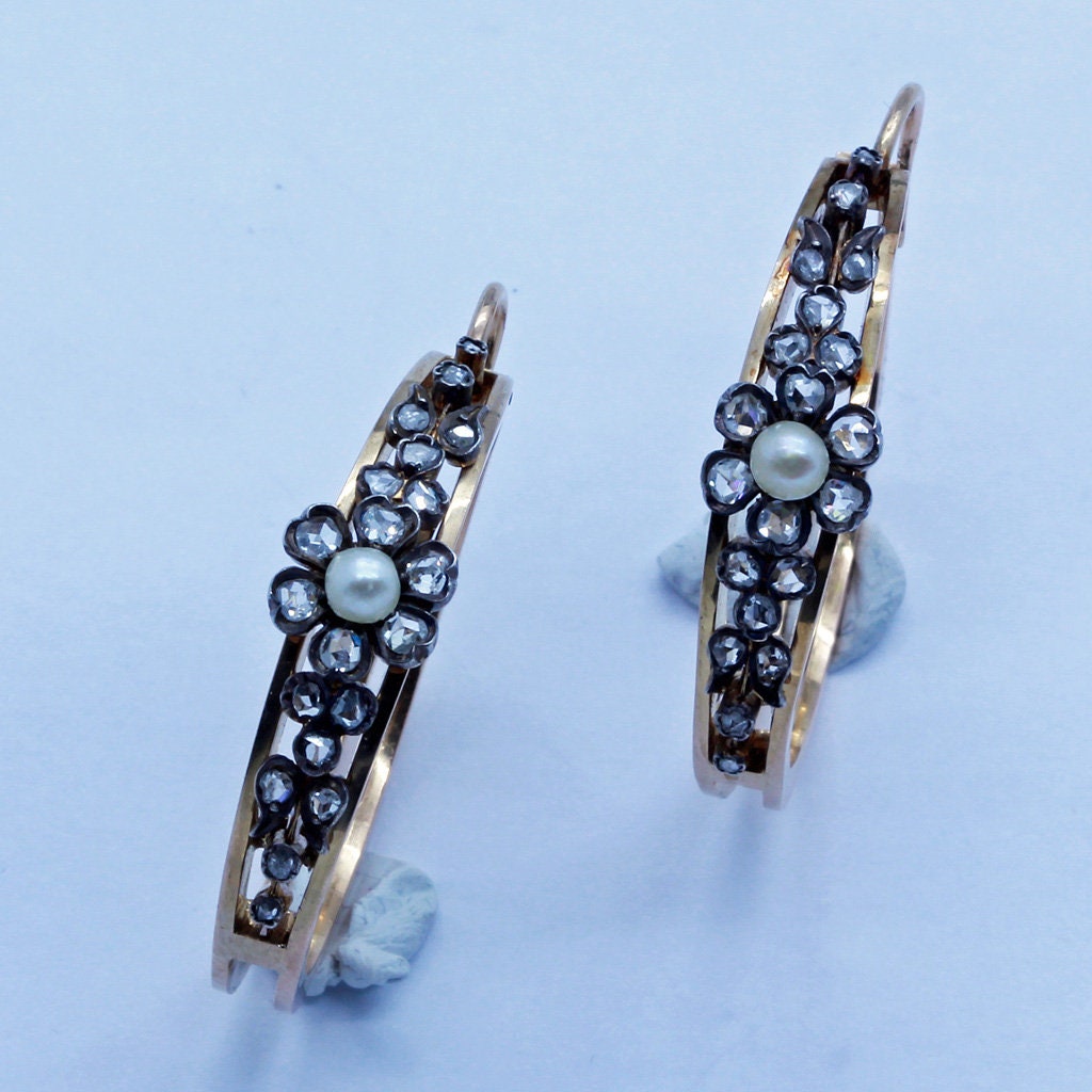 Antique Victorian Earrings 18k Gold Diamonds Pearls Creole Ear Hoops (6628)