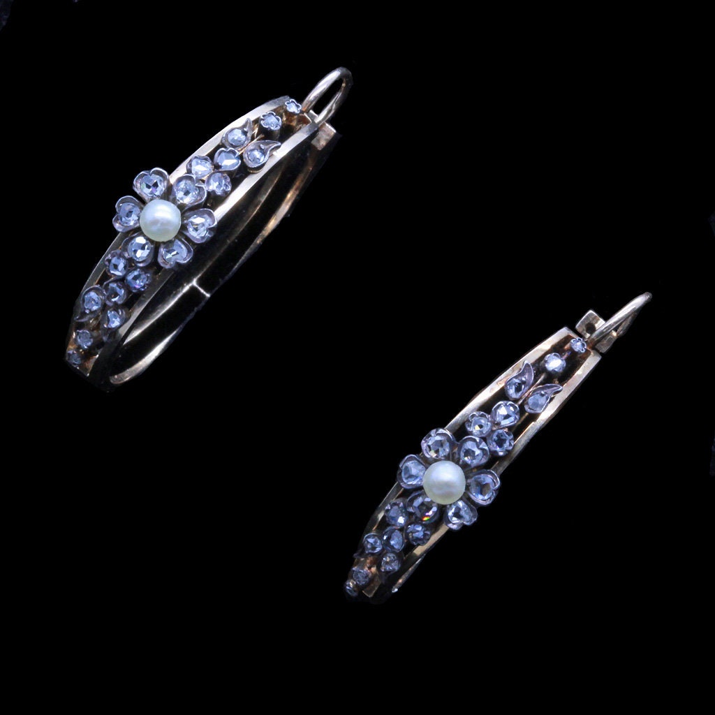 Antique Victorian Earrings 18k Gold Diamonds Pearls Creole Ear Hoops (6628)