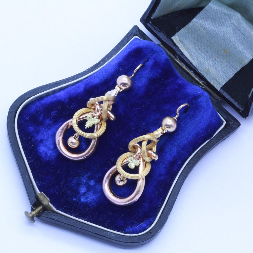 Antique Victorian Earrings 18k Gold Dangles Rings French Ear Pendants (6597)