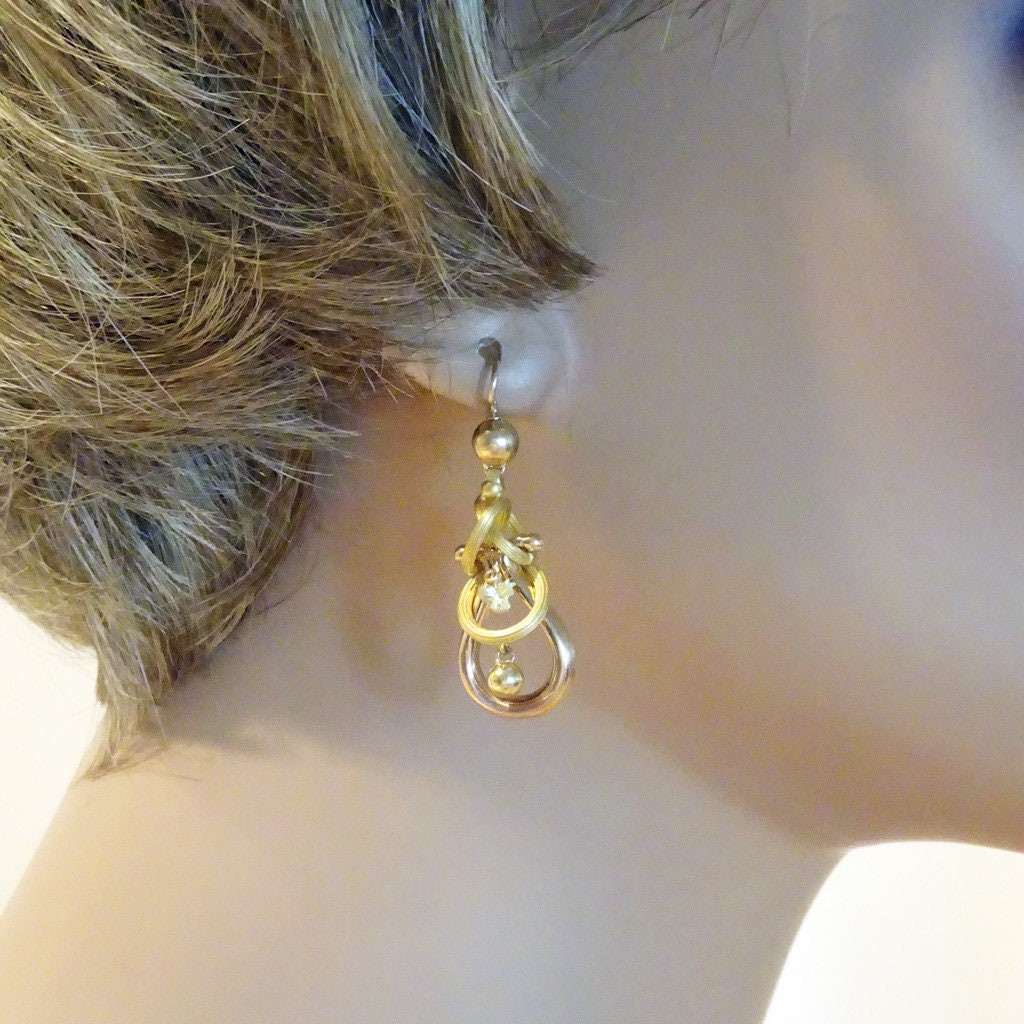 Antique Victorian Earrings 18k Gold Dangles Rings French Ear Pendants (6597)