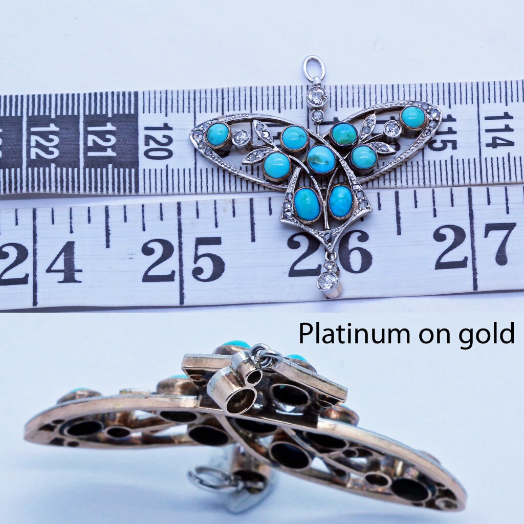 Nouveau Pendant Diamonds Turquoise Platinum 14k Gold Victorian Antique (6601)