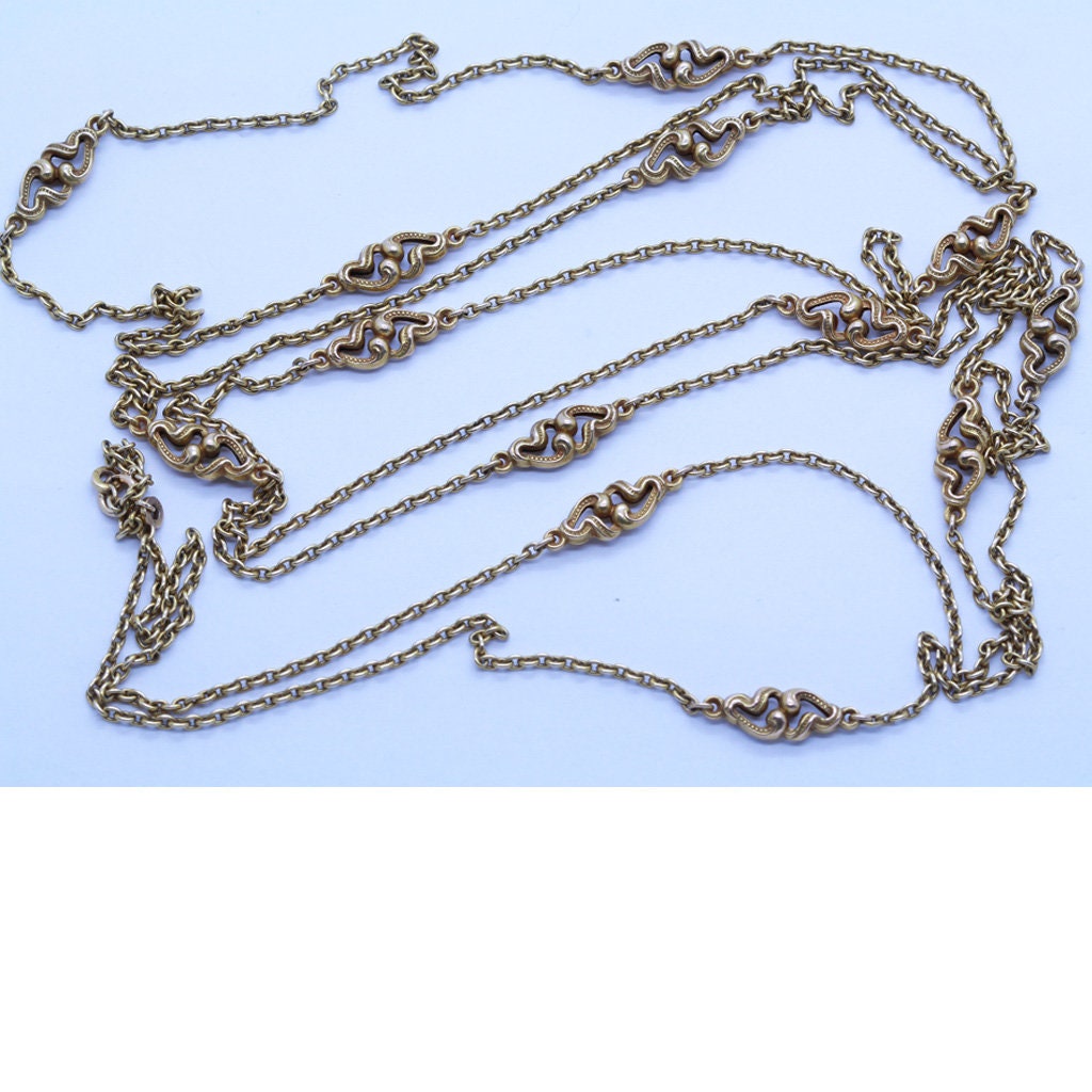 Antique Sautoir Long Chain Necklace 14k Gold Victorian Art Nouveau (6606)