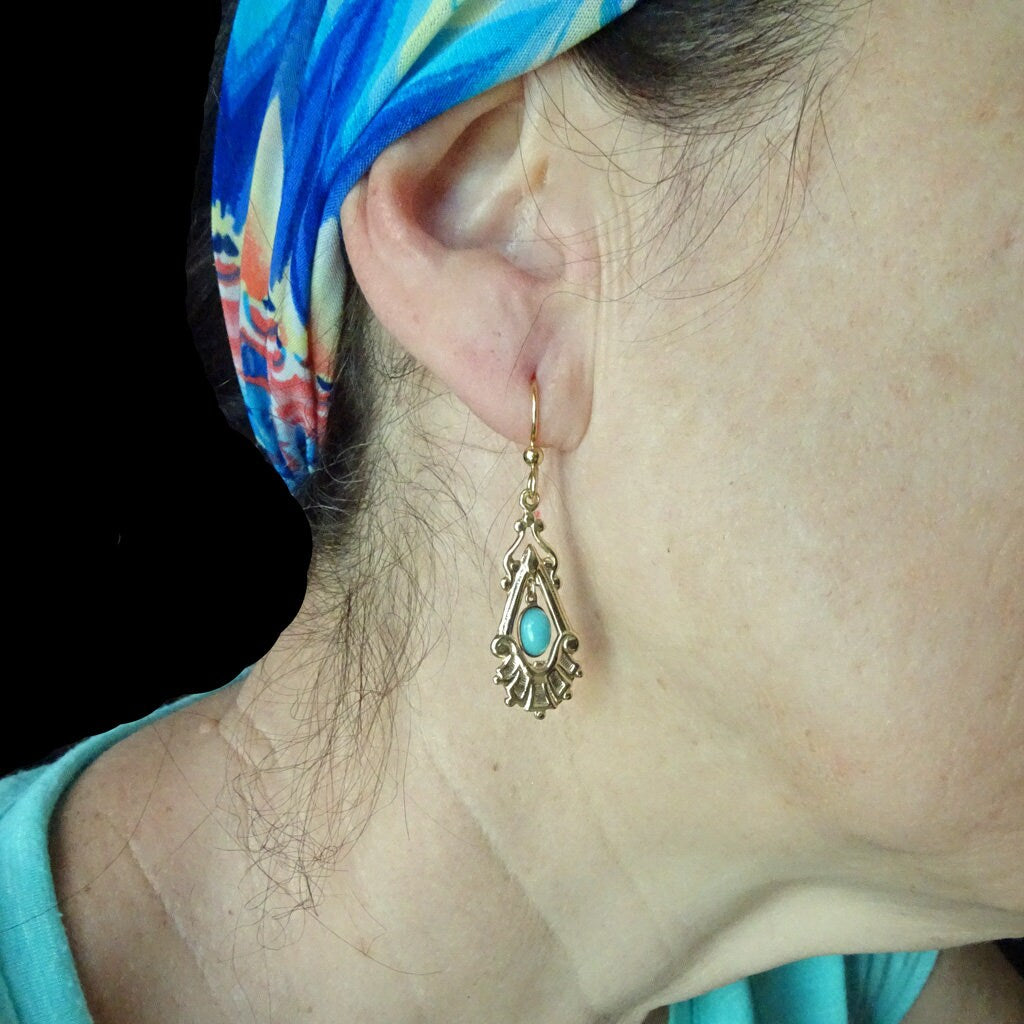 Antique Victorian Earrings 14k Gold Turquoise Dangle Drop Ear Pendants (6602)