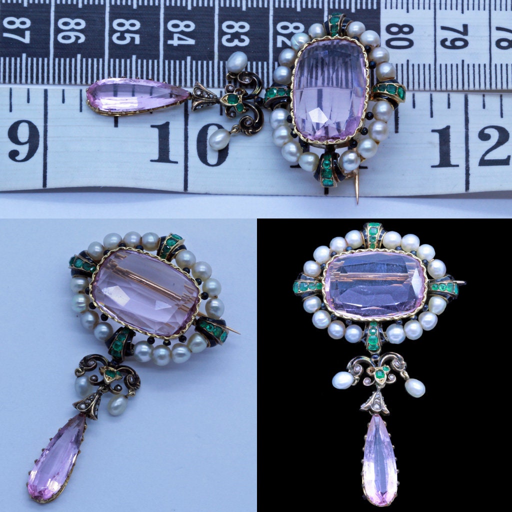 Wolfers Victorian Brooch Gold Pearl Pink Topaz Emerald Diamond Appraisal (6567)