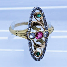 Antique Art Nouveau Ring 18k Gold Platinum Diamonds Ruby Emeralds French (6613)