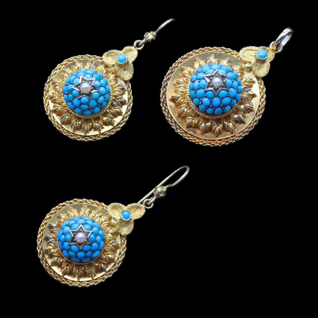 Victorian Earrings Pendant Jewelry Set 15ct Gold Turquoise Pearls Antique (6619)