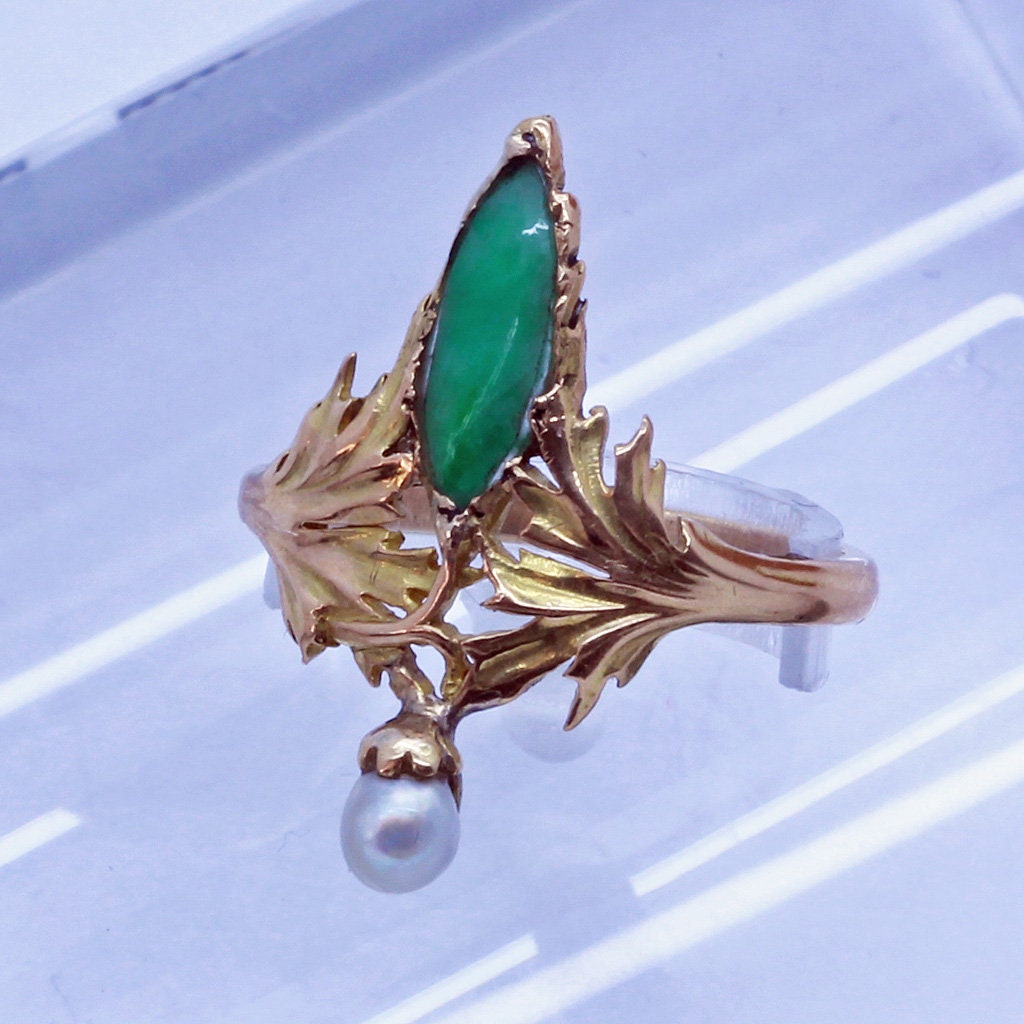 Antique Art Nouveau Ring 18k Gold Pearl Chrysoprase French  (6635)