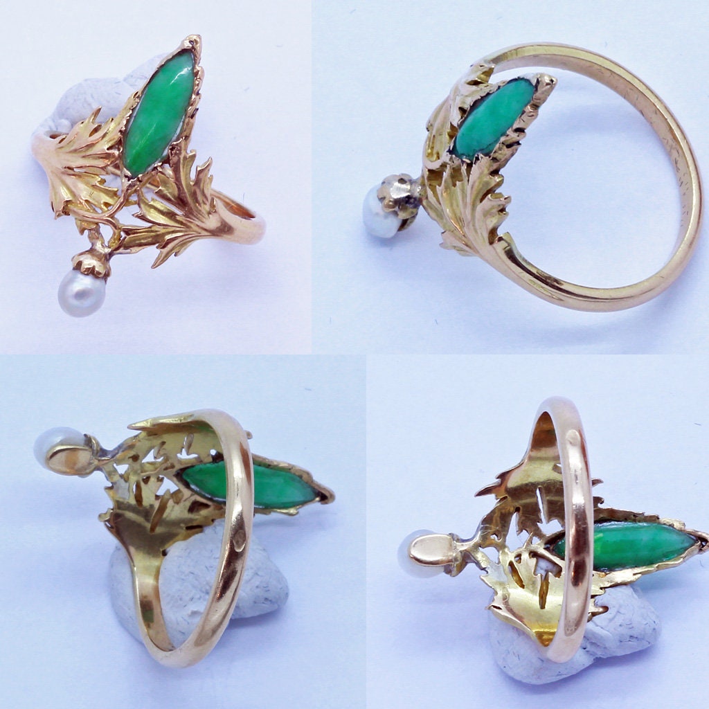 Antique Art Nouveau Ring 18k Gold Pearl Chrysoprase French  (6635)
