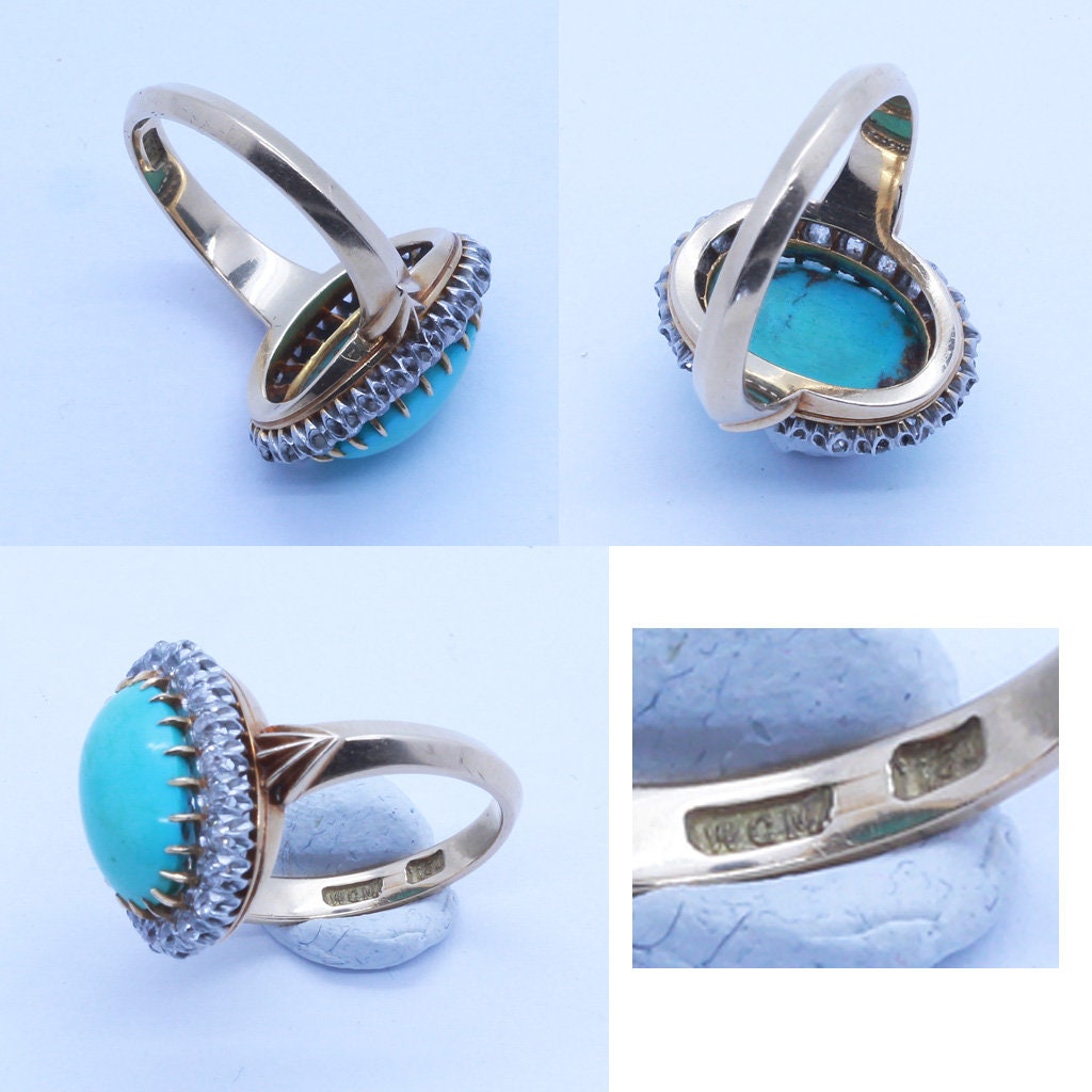 Antique Victorian Ring 18k Gold Turquoise Diamonds Silver (6647)