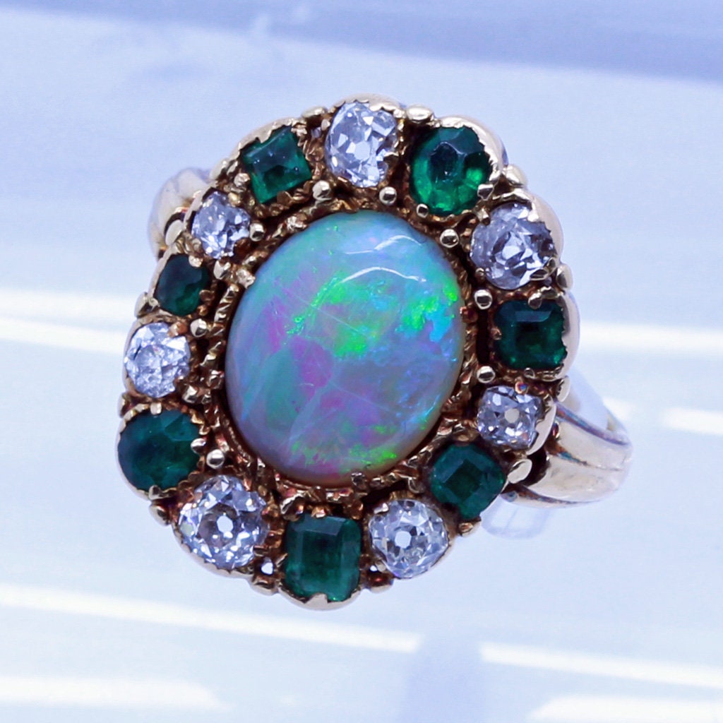 Antique Victorian Ring 18k Gold Diamonds Emeralds natural Opal great color(6649)