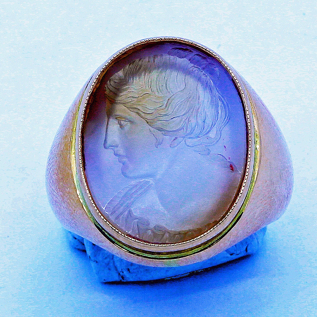 Antique Unisex Signet Ring 18k Gold Hardstone Intaglio Cameo Lady (6653)