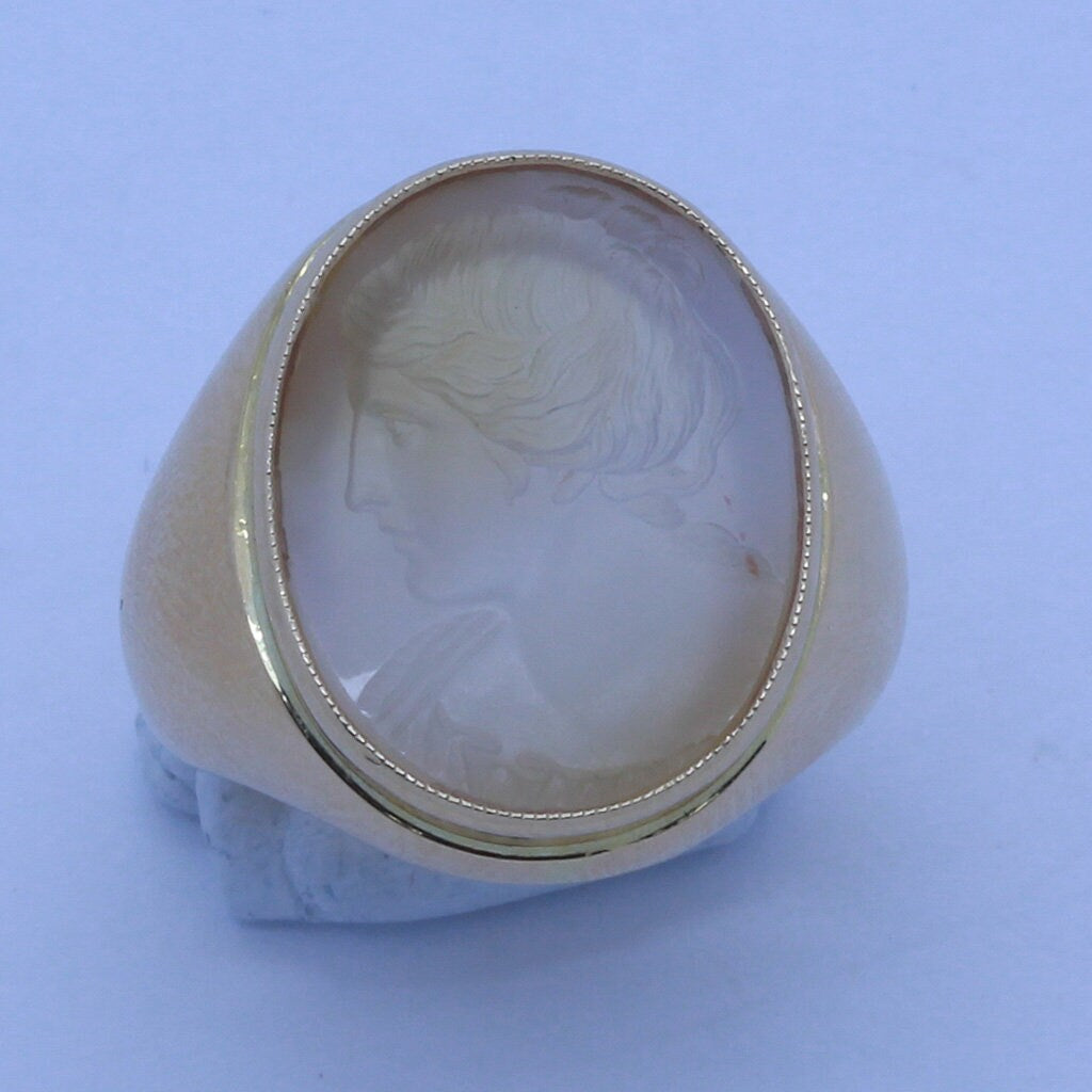 Antique Unisex Signet Ring 18k Gold Hardstone Intaglio Cameo Lady (6653)