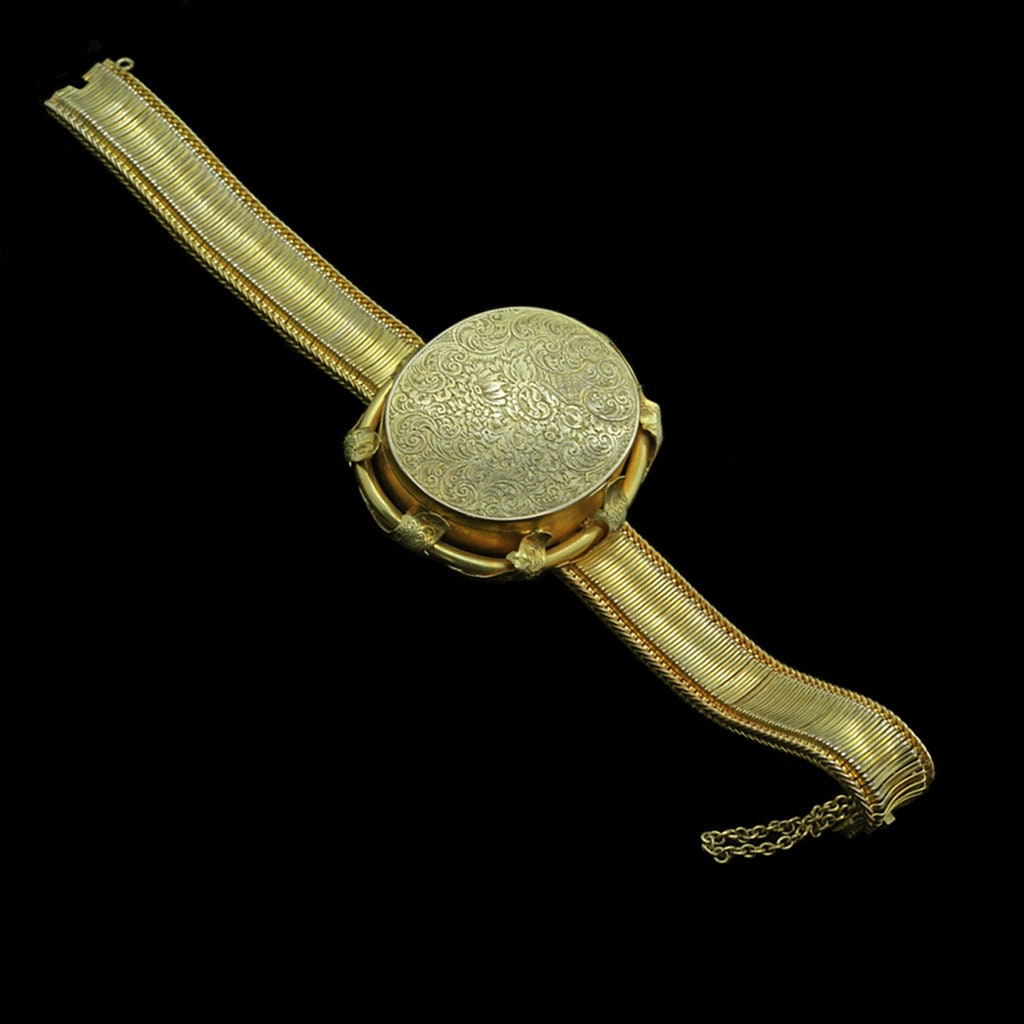 Antique Victorian Locket Bracelet Bangle 18k Gold Engraved Original Box (5034)