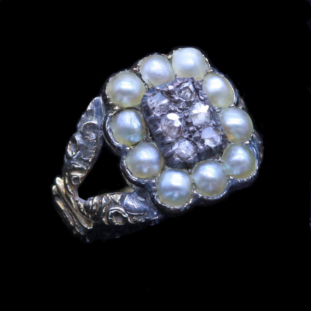Antique Georgian Ring 15k Gold Diamonds Pearls Unisex Man Woman (6665)