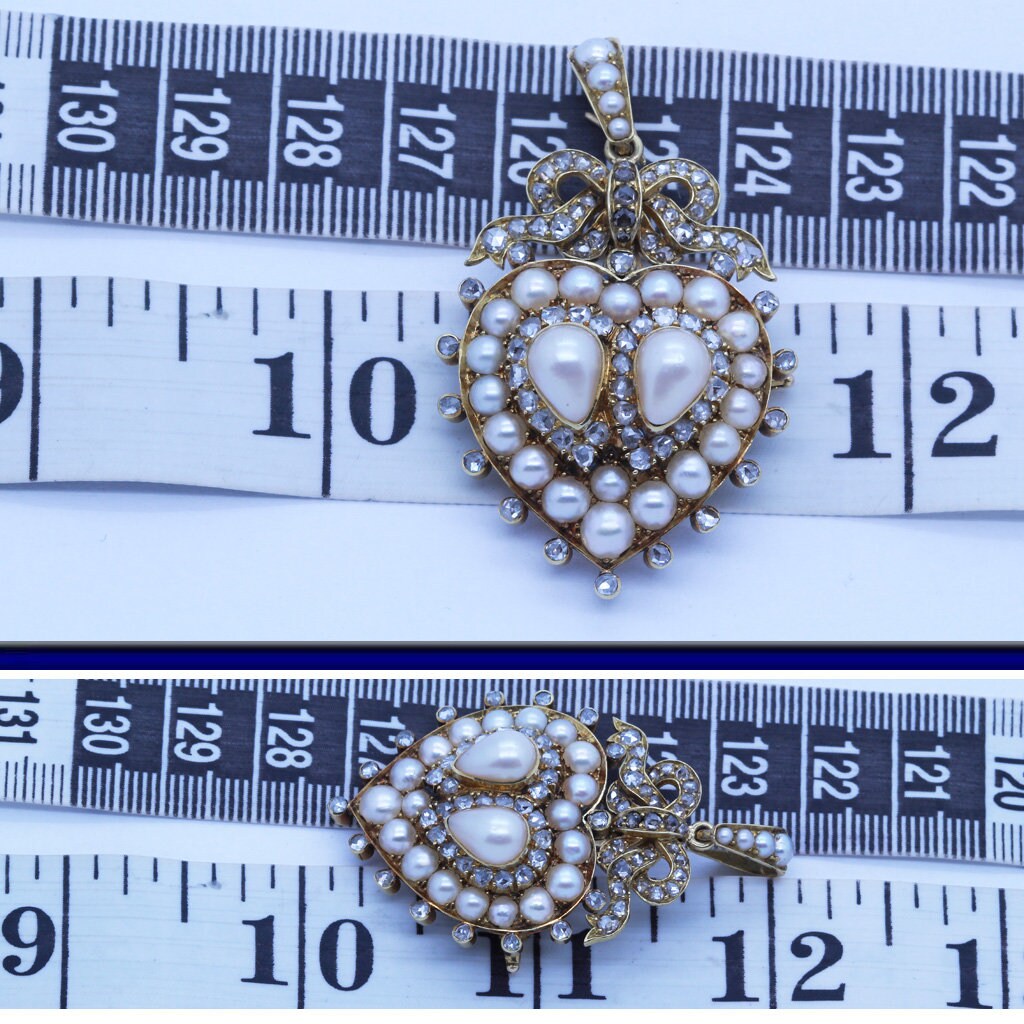 Antique Pendant Brooch 18k Gold Pearls Diamond Heart Romantic w Appraisal (6658)