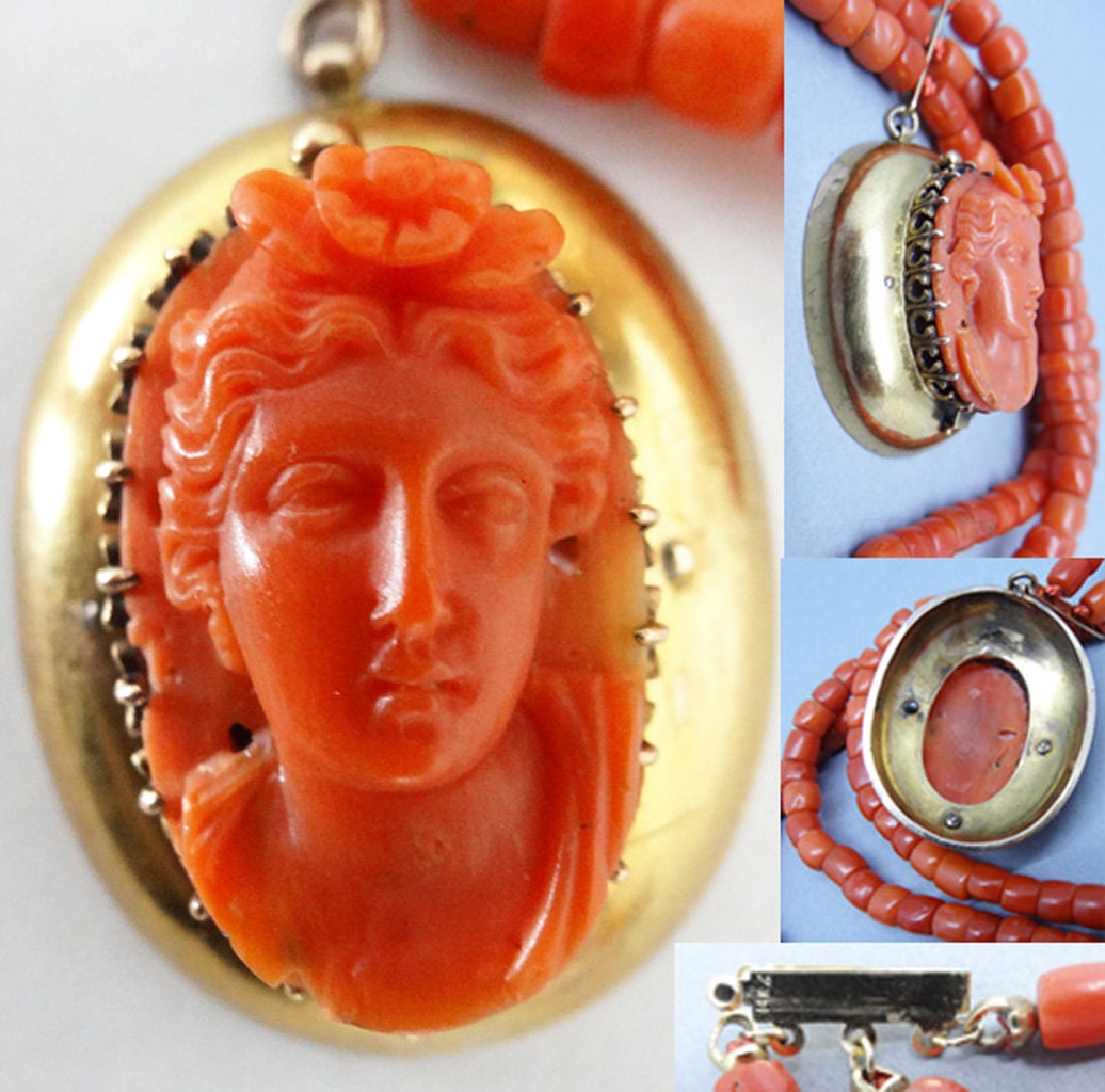 Antique Victorian Necklace Gold Natural Crl Carved Cameo Etruscan Revival(5763