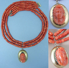 Antique Victorian Necklace Gold Natural Crl Carved Cameo Etruscan Revival(5763