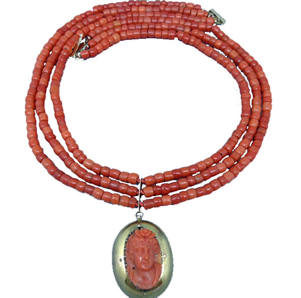 Antique Victorian Necklace Gold Natural Crl Carved Cameo Etruscan Revival(5763
