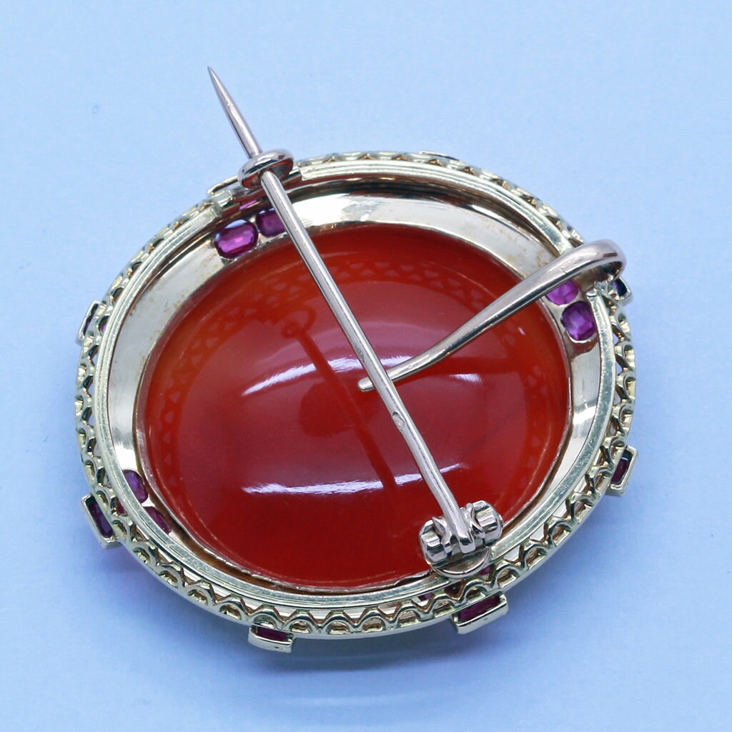 Victorian Brooch Pendant Intaglio Cameo Gold Carnelian Rubies Pearls (6670)