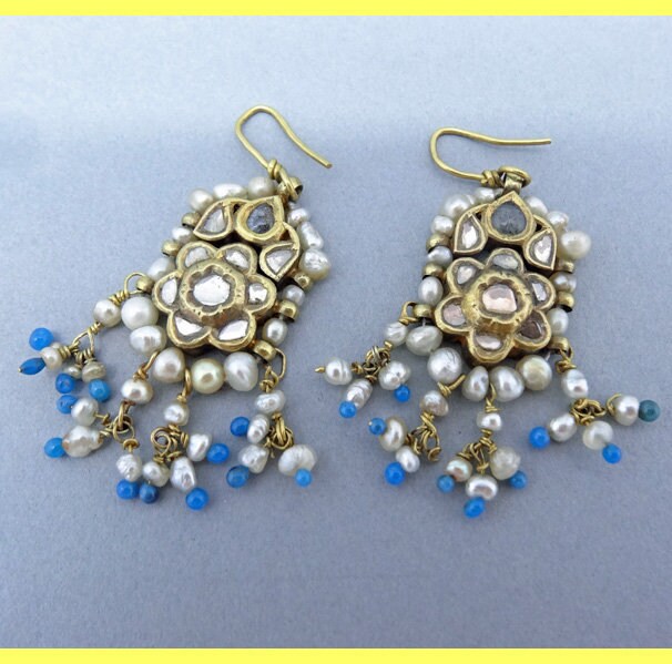 Antique Earrings 22k Gold Diamonds Pearls Mughal India w Appraisal (5736)