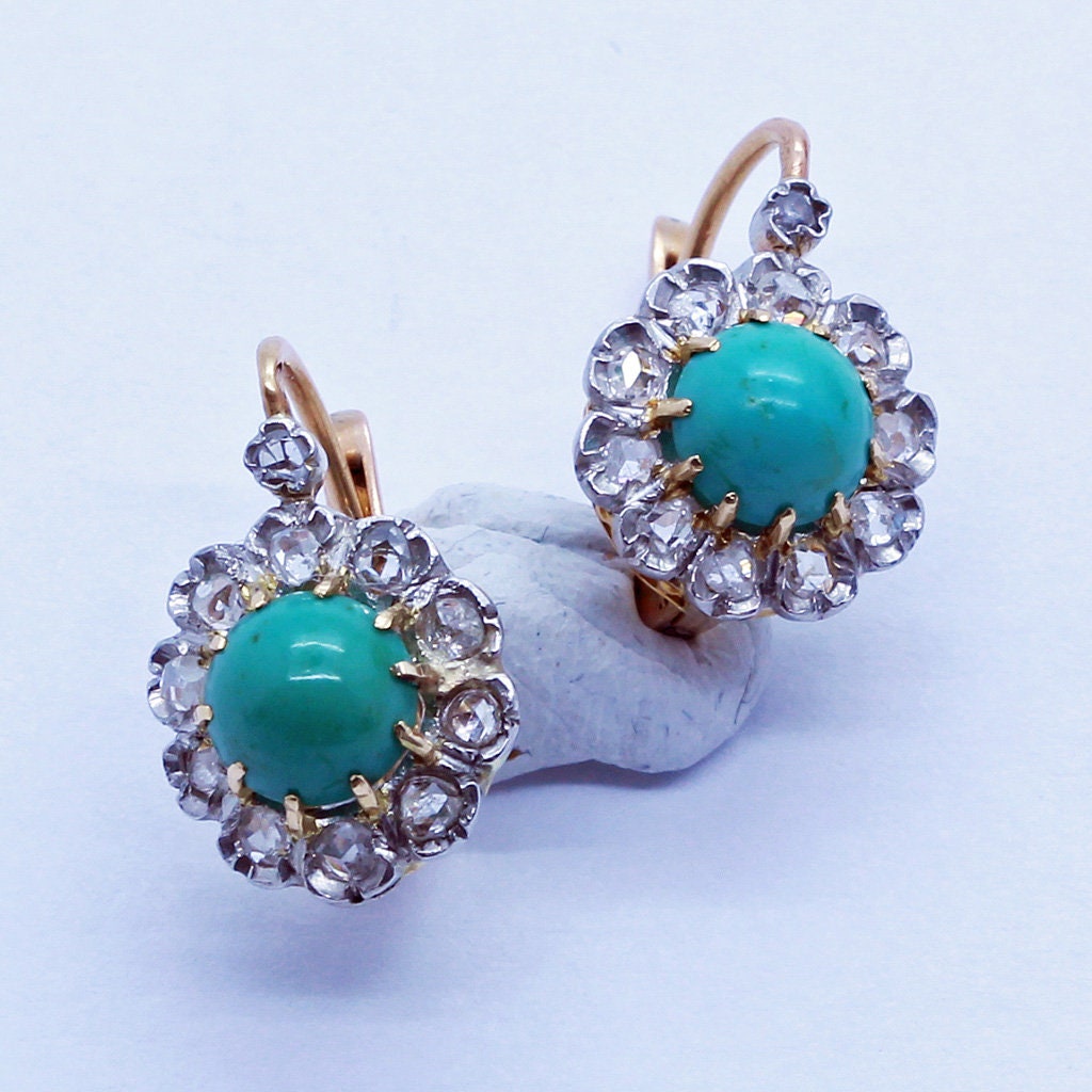 Antique Victorian Earrings 18k Gold Turquoise Diamonds Silver French Small (6637)