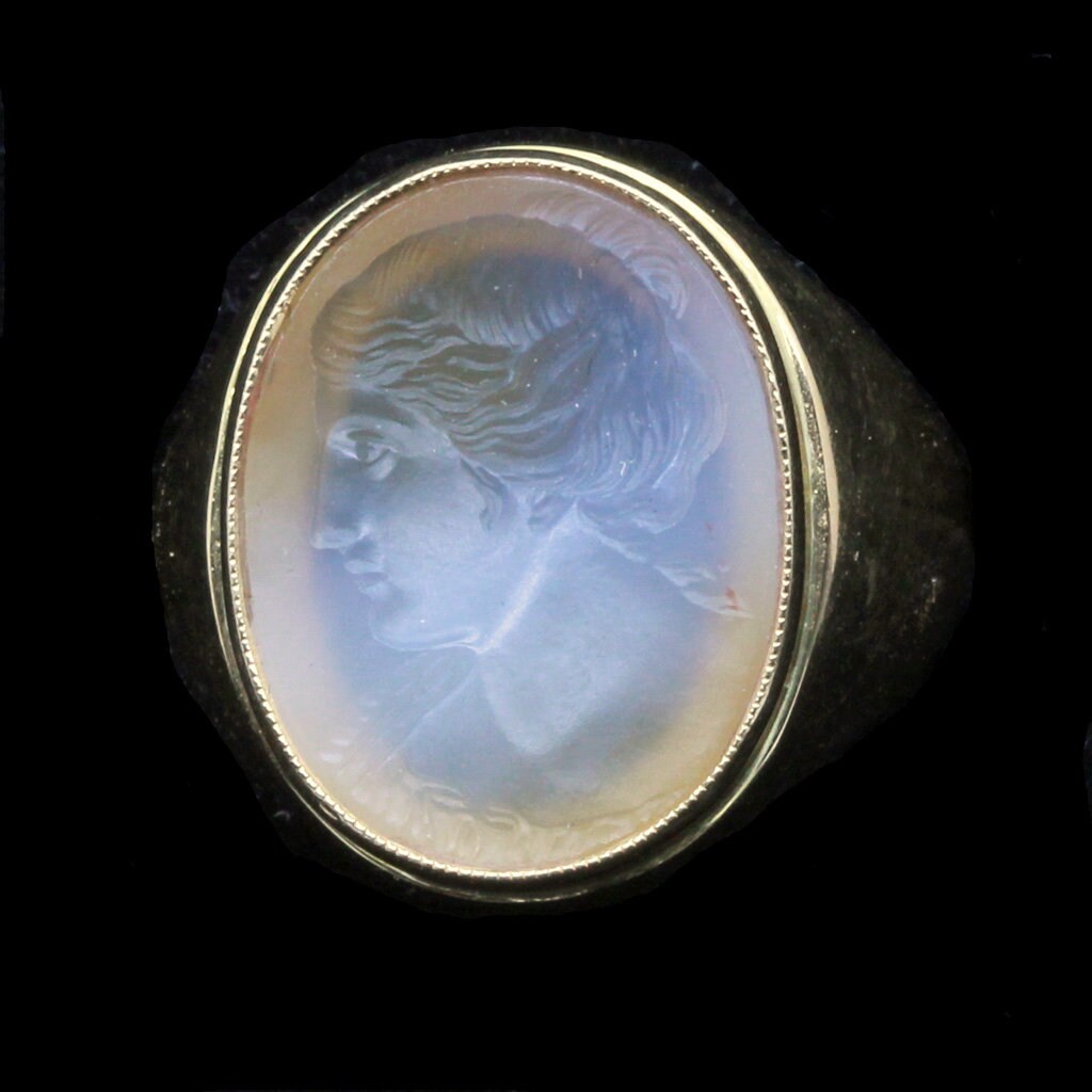 Antique Unisex Signet Ring 18k Gold Hardstone Intaglio Cameo Lady (6653)