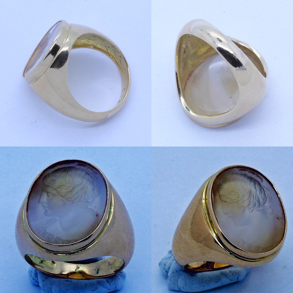 Antique Unisex Signet Ring 18k Gold Hardstone Intaglio Cameo Lady (6653)