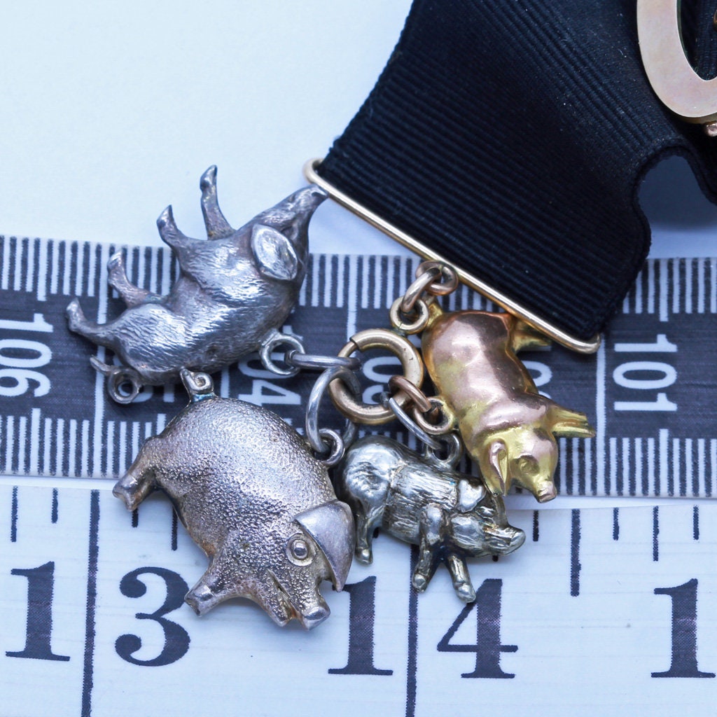 Antique Victorian Watch Fob w Pig Charms Various Metals (6660)