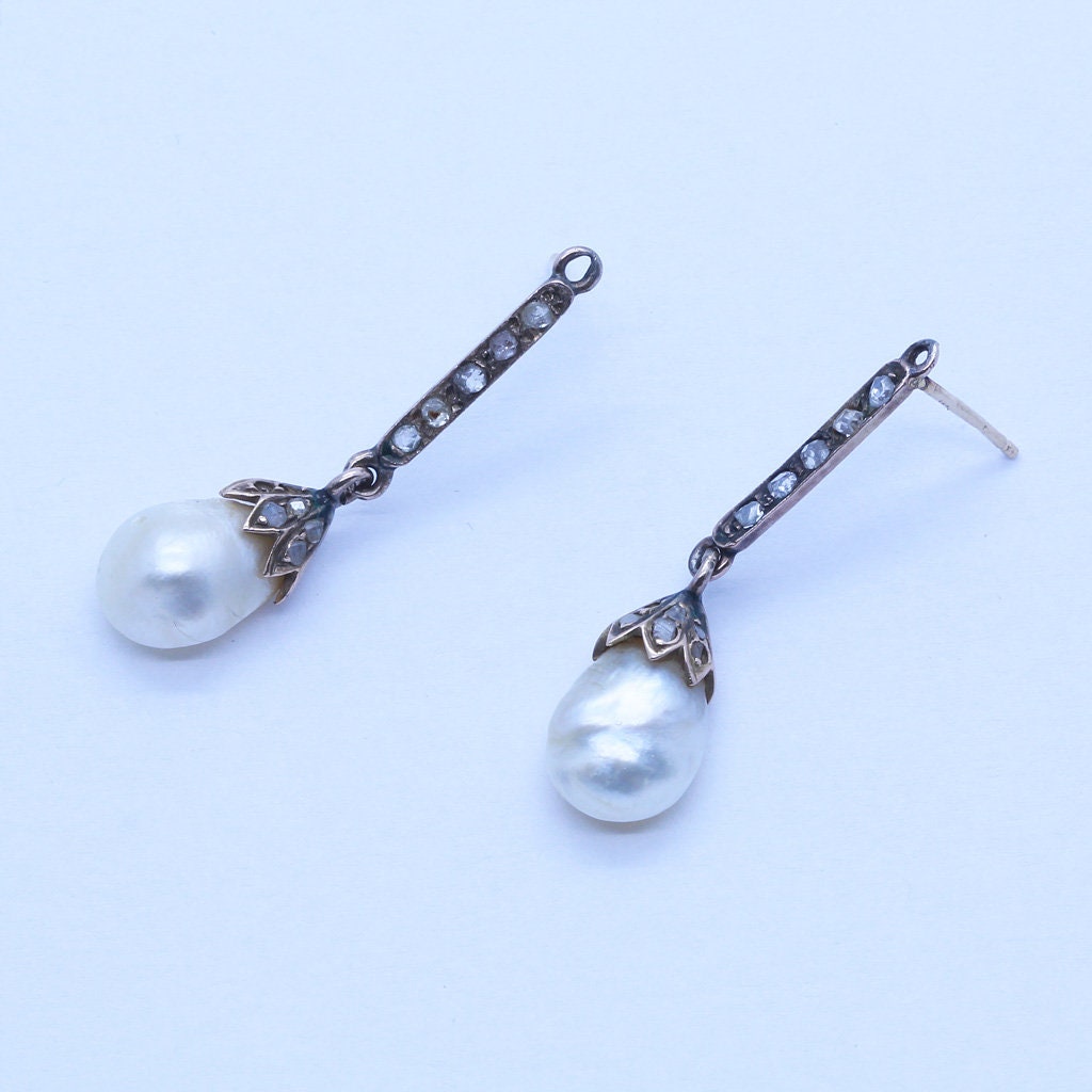 Antique Earrings Natural Pearls Diamonds 14k Gold GIA Certificate (6663)