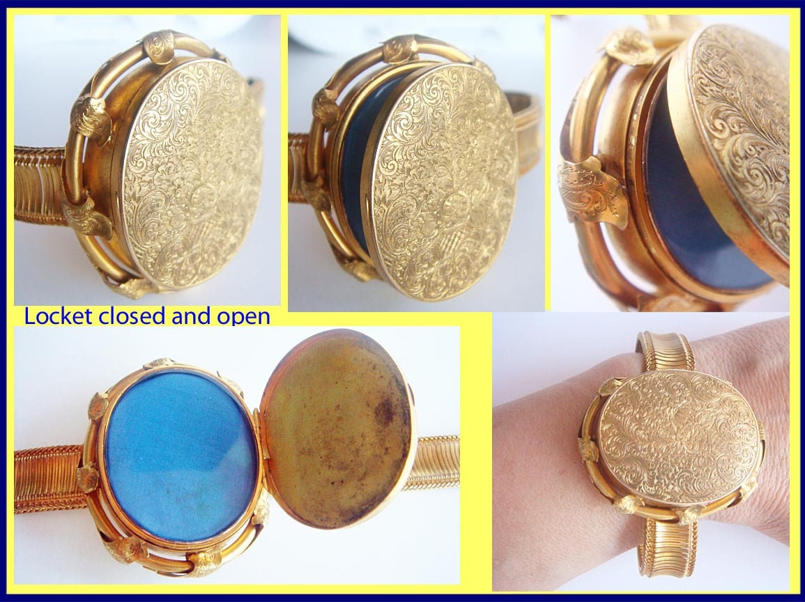 Antique Victorian Locket Bracelet Bangle 18k Gold Engraved Original Box (5034)