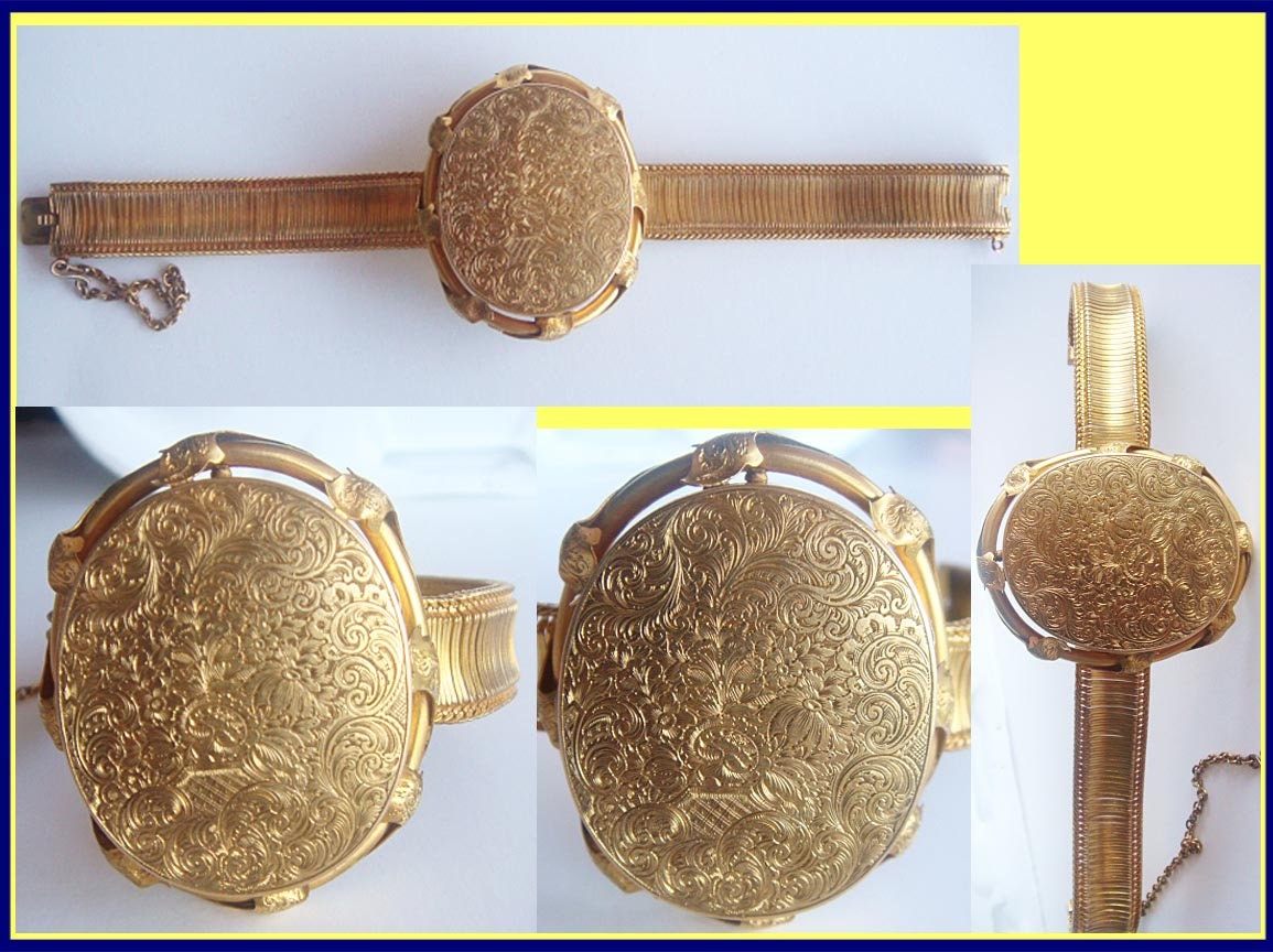Antique Victorian Locket Bracelet Bangle 18k Gold Engraved Original Box (5034)