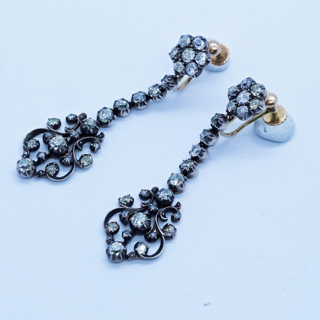 Antique Georgian Victorian Earrings Diamonds Gold Silver Long w Appraisal (6686)