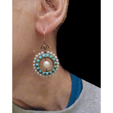 Antique Victorian Earrings Gold Turquoise Pearls Diamonds ear Pendants (6690)