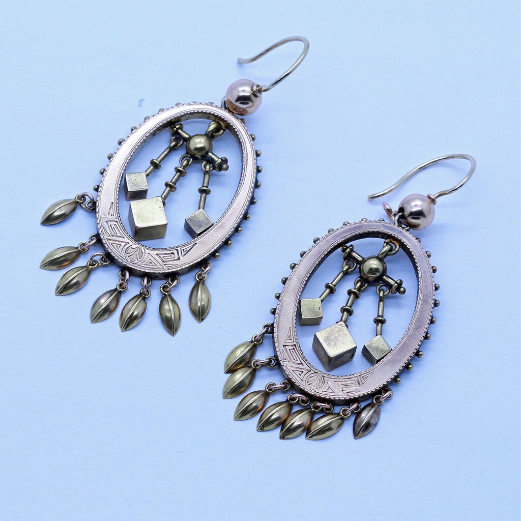 Antique Victorian Earrings Ear Pendants 14k Gold Long Dangling Revival (6692)