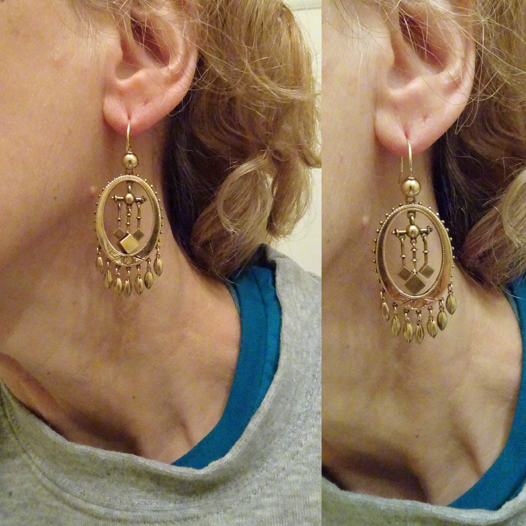 Antique Victorian Earrings Ear Pendants 14k Gold Long Dangling Revival (6692)
