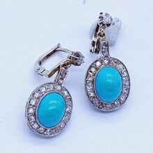 Antique Earrings Ear Pendants Turquoise Diamonds 14k White Gold c1930's (6699)