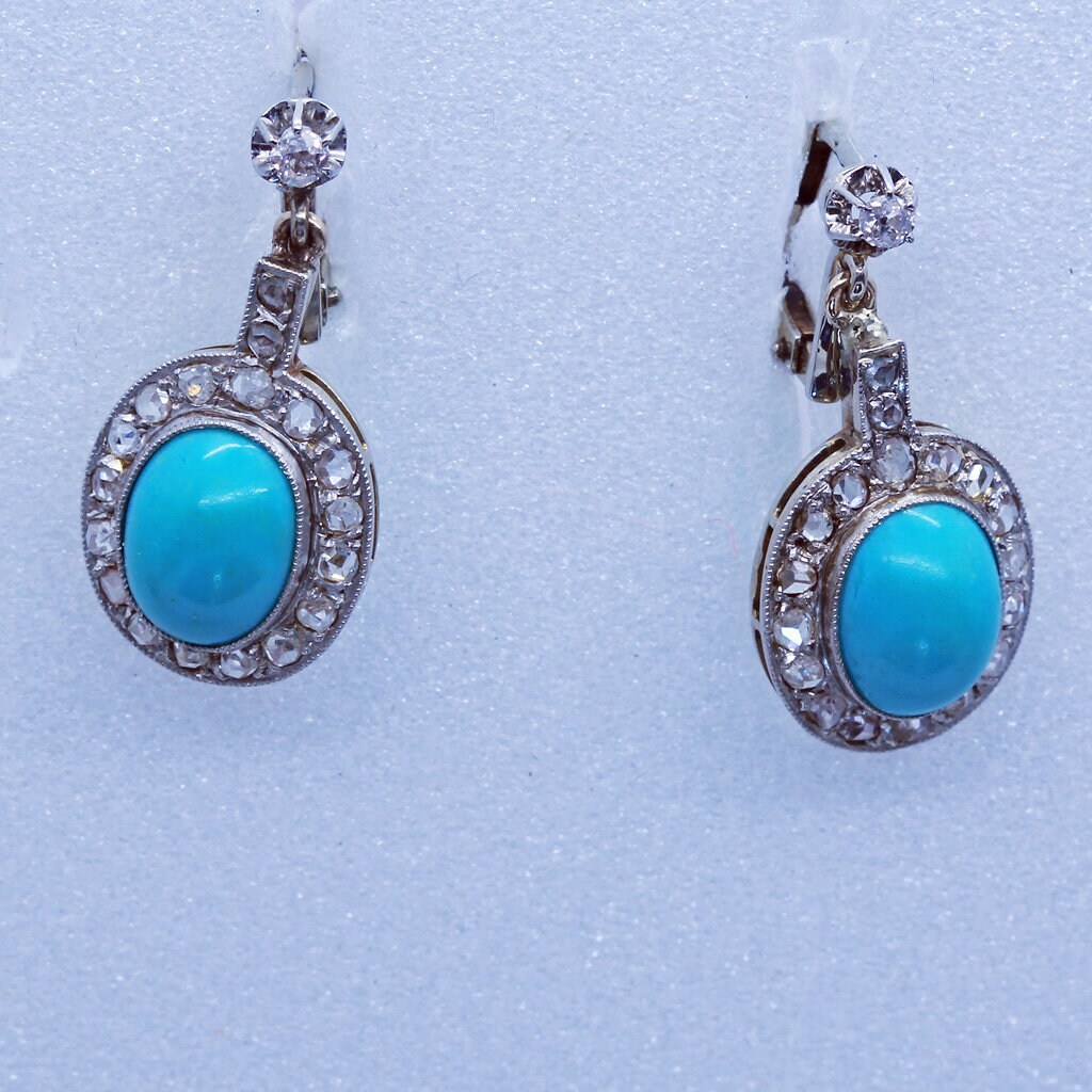 Antique Earrings Ear Pendants Turquoise Diamonds 14k White Gold c1930's (6699)