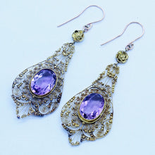 Antique Georgian Earrings 15ct Gold Cannetille Amethyst Long Ear Pendants (6712)