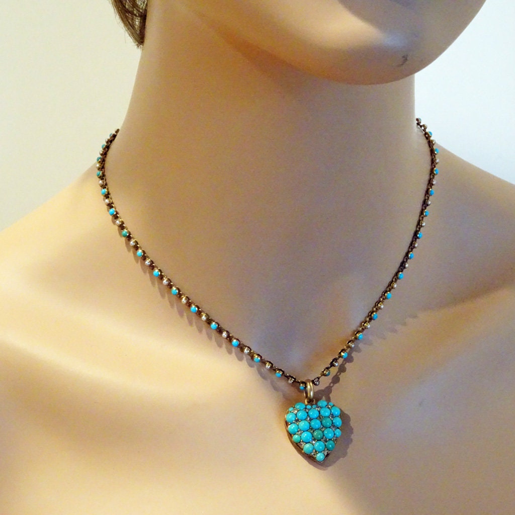 Antique Victorian Necklace Pendant 15k Gold Turquoise Diamond Pearl Heart (6110)