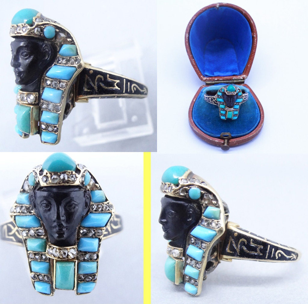 Victorian Ring Egyptian Revival Pharaoh Gold Diamonds Turquoise Enamel Onyx(5872)