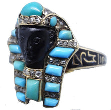 Victorian Ring Egyptian Revival Pharaoh Gold Diamonds Turquoise Enamel Onyx(5872)