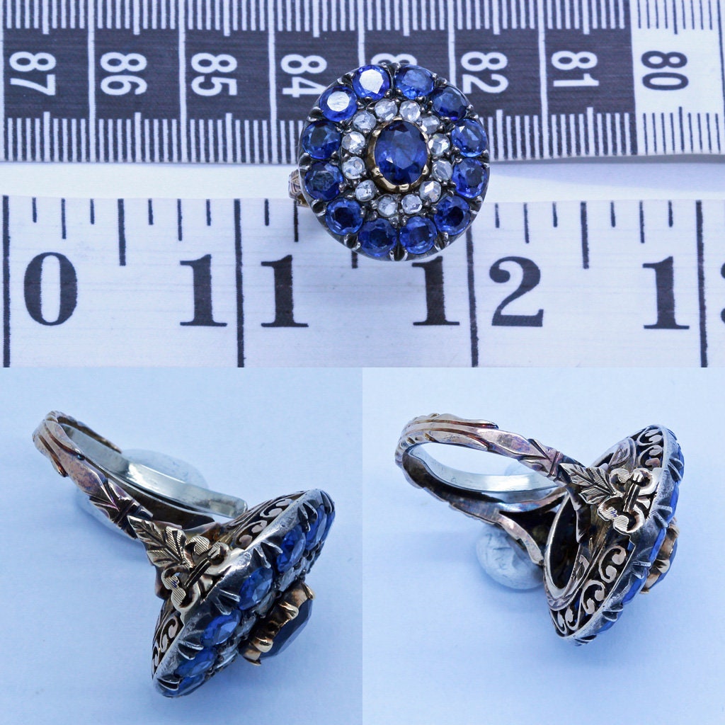 Antique Victorian Ring Natural Sapphires Diamonds 18k Gold w Appraisal (6684)