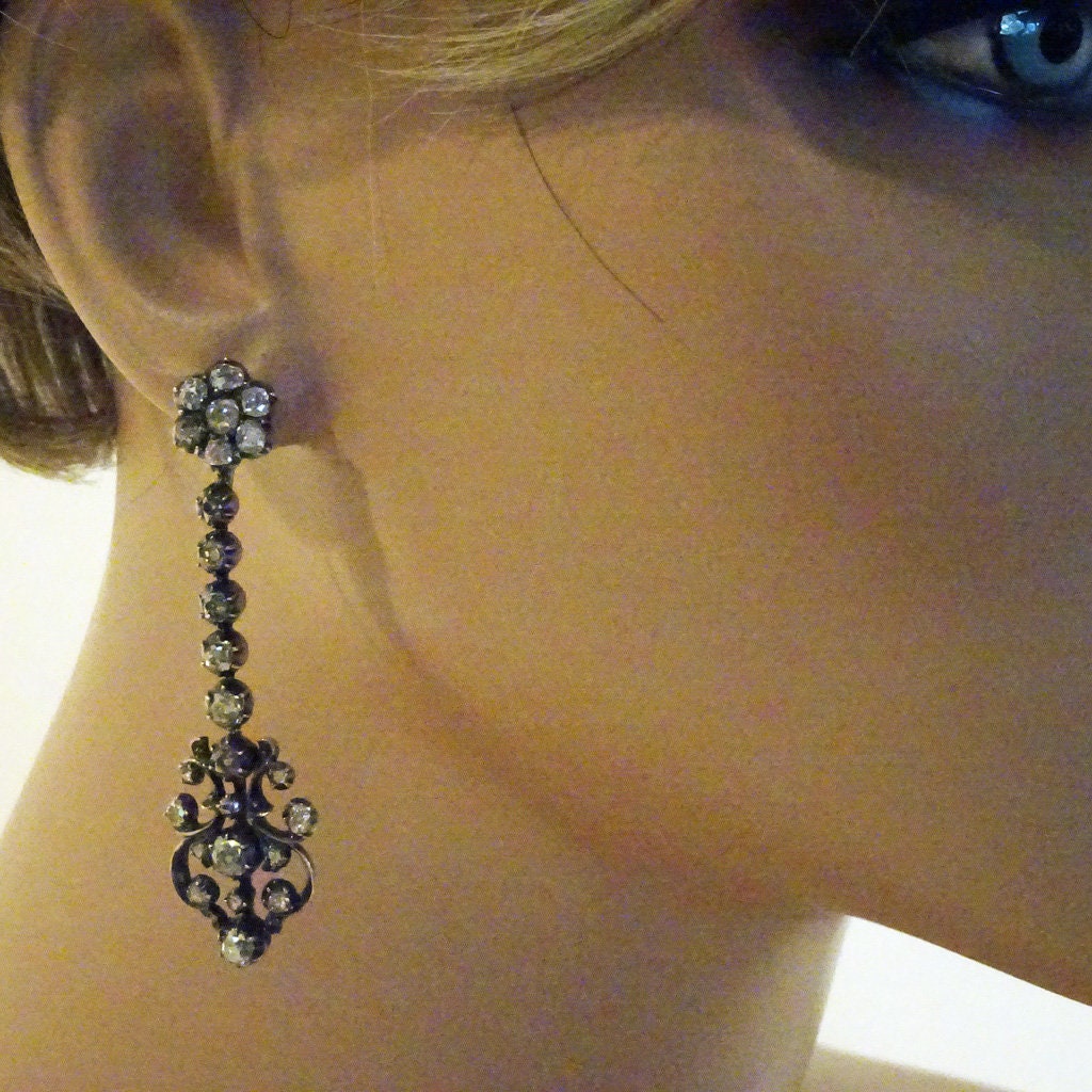 Antique Georgian Victorian Earrings Diamonds Gold Silver Long w Appraisal (6686)