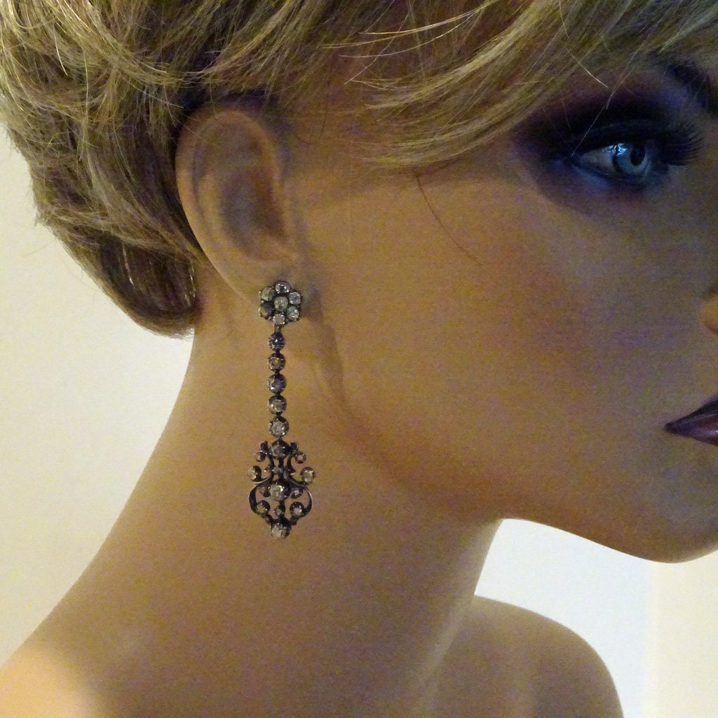 Antique Georgian Victorian Earrings Diamonds Gold Silver Long w Appraisal (6686)