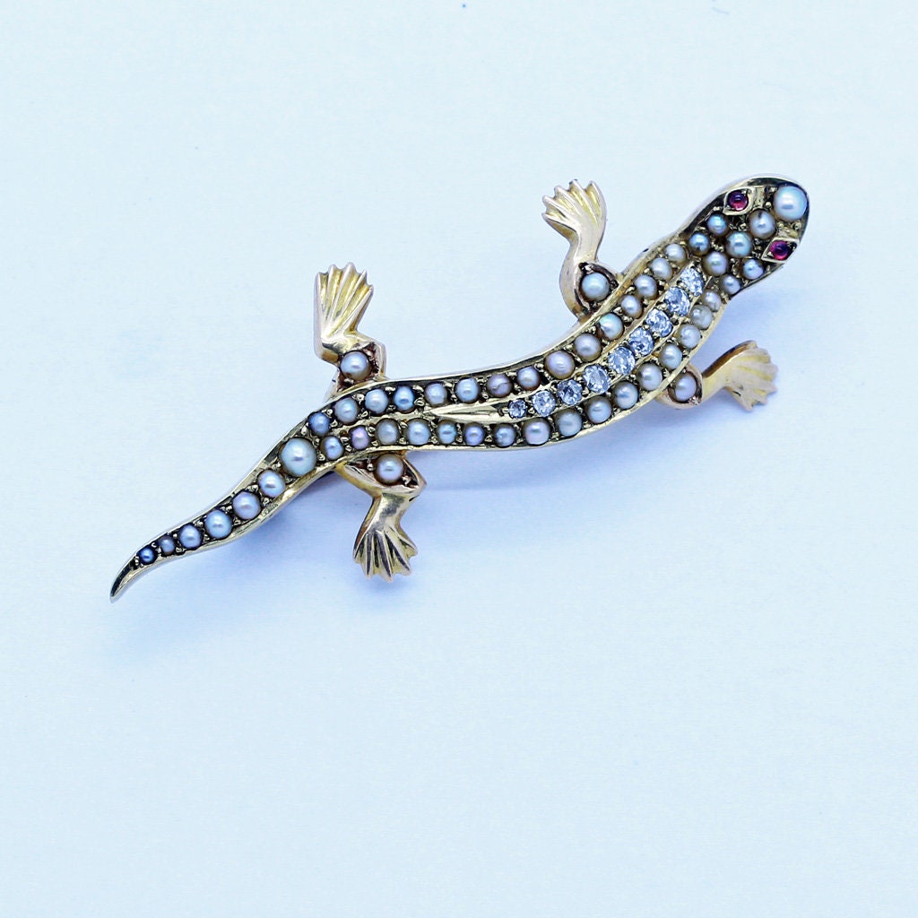 Antique Brooch Lizard Salamander Gold Diamonds Pearl Ruby Unisex (6688)